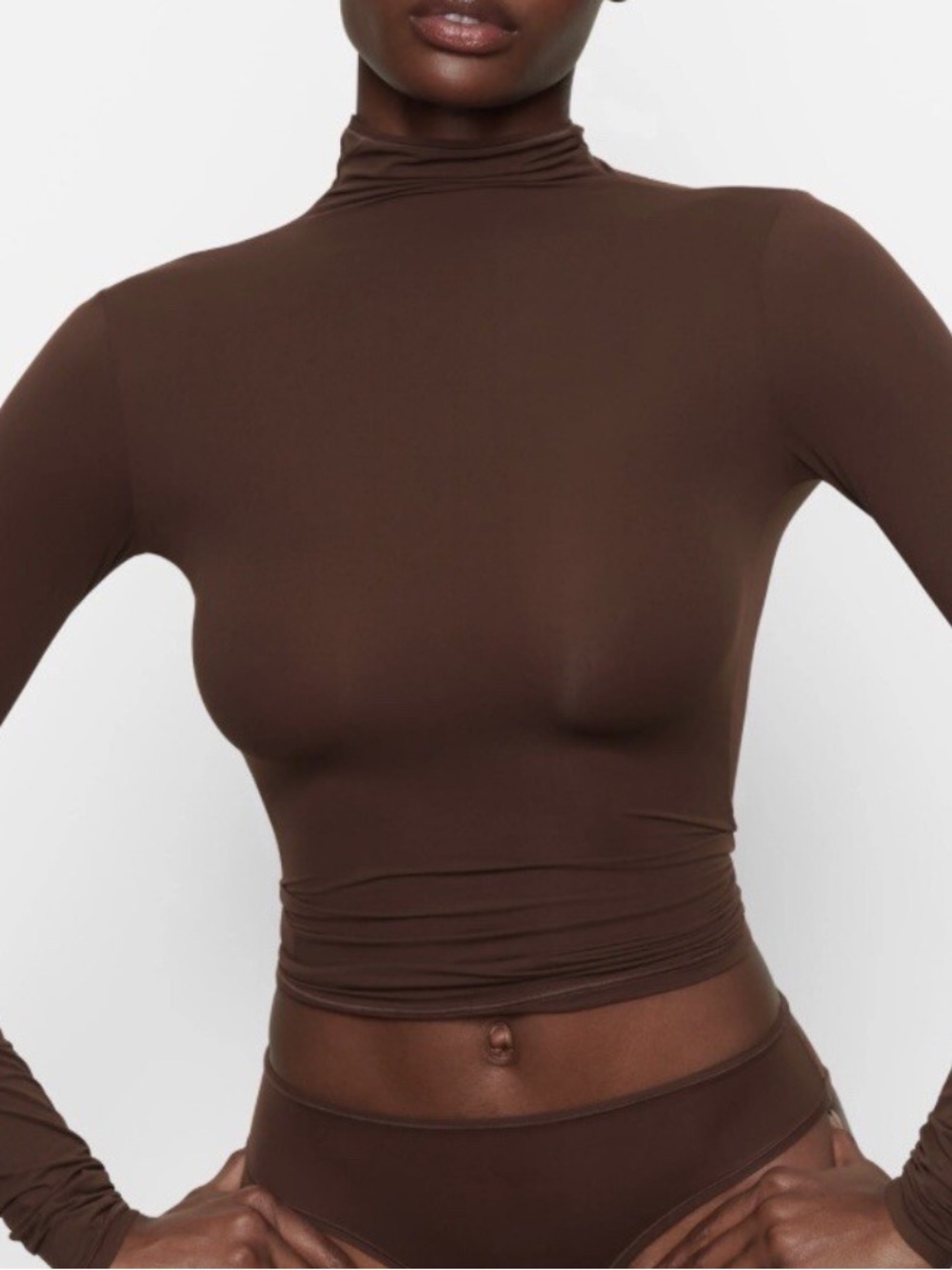 SKIMS Mock Neck Brown Fits Everybody Fitted Long Sleeve Top Size M